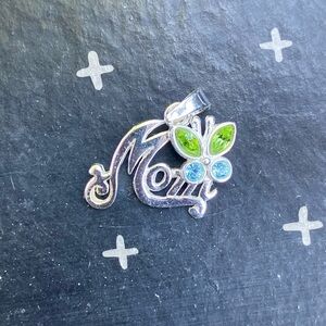 Silver 'Mom' Pendant with Green and Blue Stones
